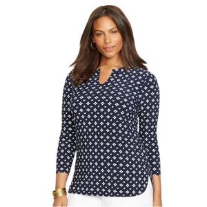Navy Ralph Lauren stretchy 3/4 sleeve white geometric work top size S